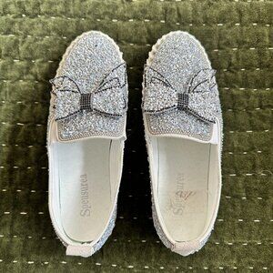 Speusurea Silver Rhinestone Sparkle Platform Slip On Sneakers With Bow Size 9.5